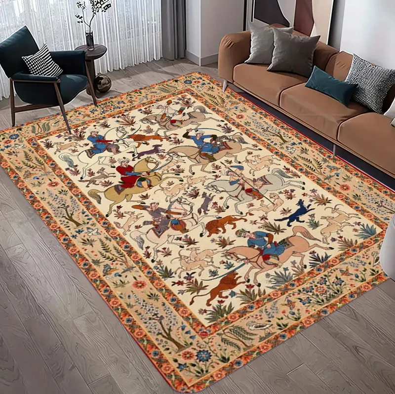 Hunting Outdoor Rug - Vintage Persian Hunting Floral Area Rug,